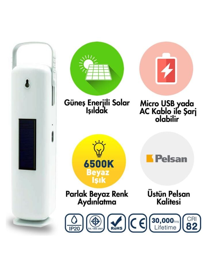 30 Ledli Solar Işıldak, 6500 Kelvin Beyaz Işık, Şarj Edilebilir 2000mAh Batarya, Taşınabilir ve Asılabilir Kampçı Lambası